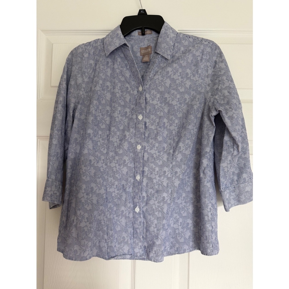 Chicos Blue White Striped Floral Wrinkle Resistant Button Down Shirt Size 0 S